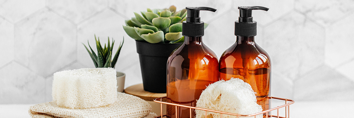 Bath supplies on white table