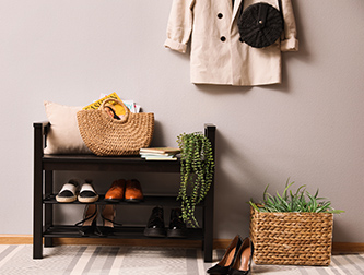 Shelves with shoes and handbag